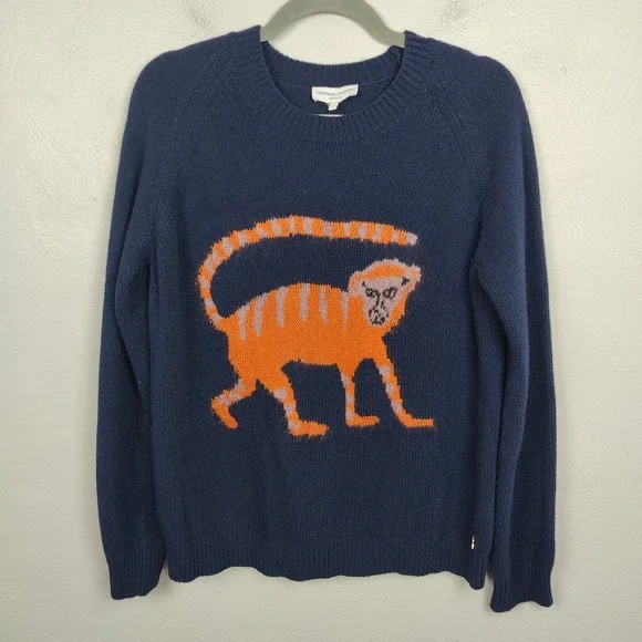 Fabienne Chapot Monkey Graphic Sweater Women Small Navy Blue Wool Cashmere Blend - Picture 2 of 10